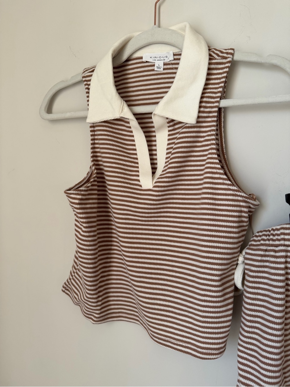 Cream brown Striped Knit Polo Tank top & wrap Skort two piece Set - Picture 5 of 7